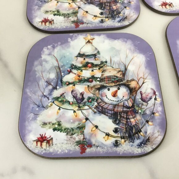 Rustic Snowman with Christmas Tree Hardboard Coasters Set of 4 - Picture 3 of 8